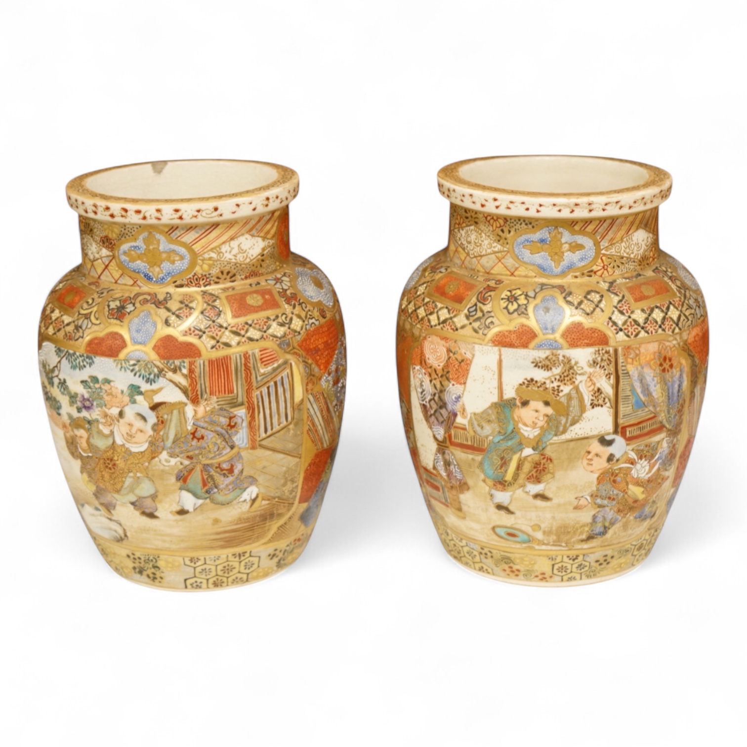 A pair of Japanese Satsuma 'Boys' vases, Meiji period, 17.5cm